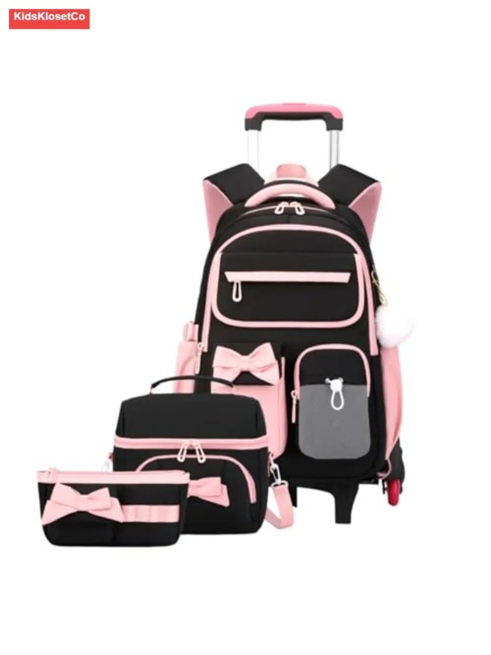Rolling Backpack for Girls 6 Wheels with Furry Pendant Color-Block Nylon